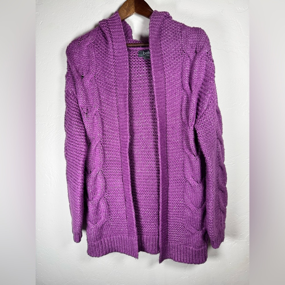 💜Belle By Bellini Purple Cable Knit Hooded Cardigan With Pockets‎ Size Small